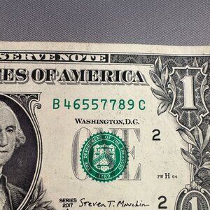 Fancy Serial Number 2 Doubles 6 Digit Broken Ladder One Dollar Bill B46557789C
